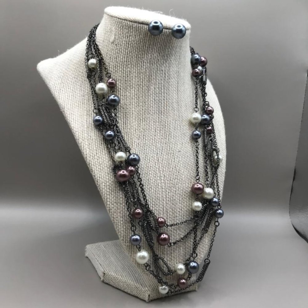 Multi Strand Faux Pearl Chain Link Necklace & Earrings - Picture 3 of 7